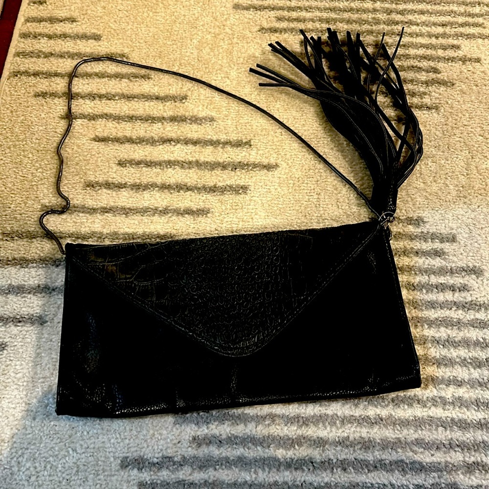 Black faux cro printed envelope clutch